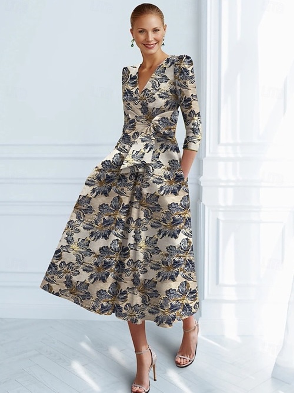 Cream Midi Dress with Navy Floral Print by